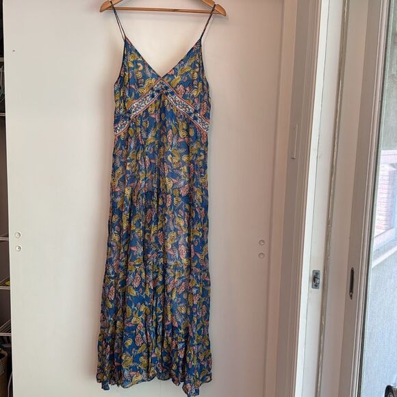 Anthropologie Verb by Pallavi Singhee Blue Floral Boho Tiered Midi Dress Size 12 - Picture 4 of 9